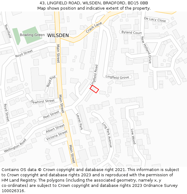 43, LINGFIELD ROAD, WILSDEN, BRADFORD, BD15 0BB: Location map and indicative extent of plot