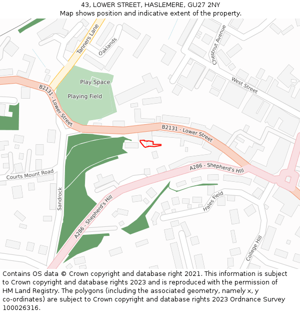 43, LOWER STREET, HASLEMERE, GU27 2NY: Location map and indicative extent of plot