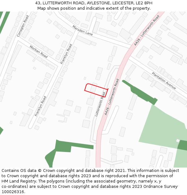 43, LUTTERWORTH ROAD, AYLESTONE, LEICESTER, LE2 8PH: Location map and indicative extent of plot