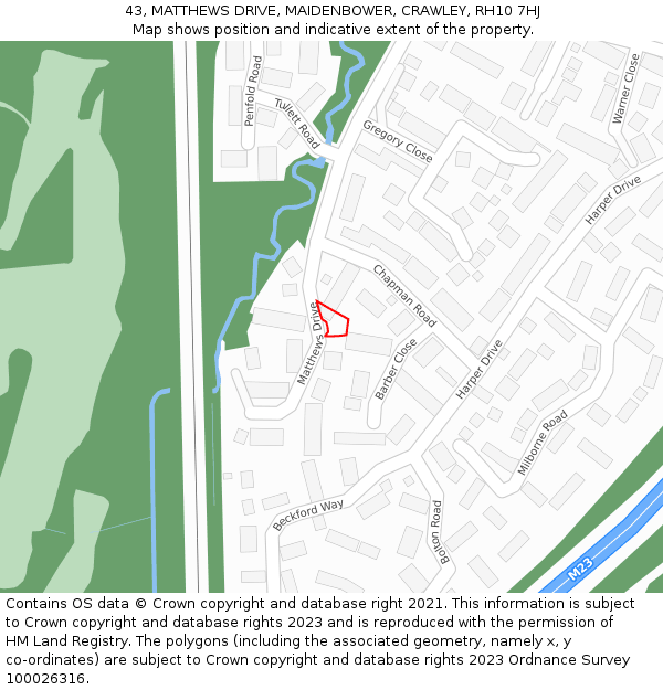 43, MATTHEWS DRIVE, MAIDENBOWER, CRAWLEY, RH10 7HJ: Location map and indicative extent of plot