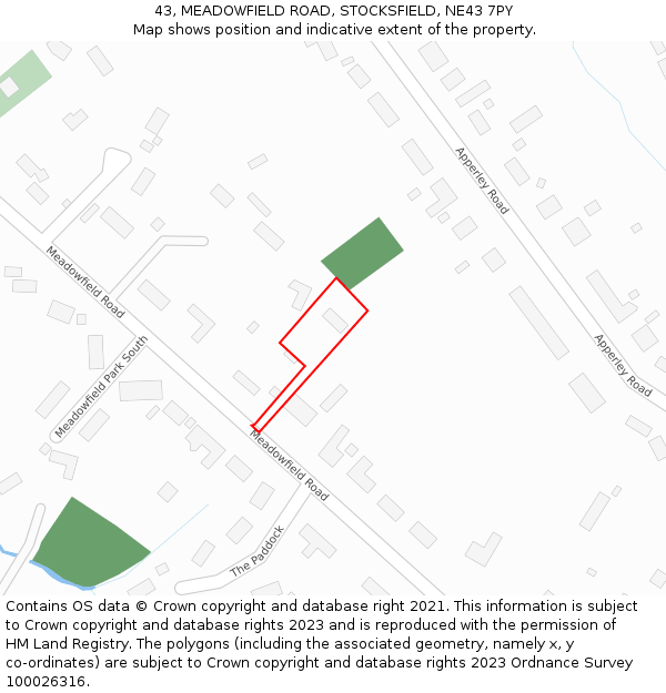 43, MEADOWFIELD ROAD, STOCKSFIELD, NE43 7PY: Location map and indicative extent of plot