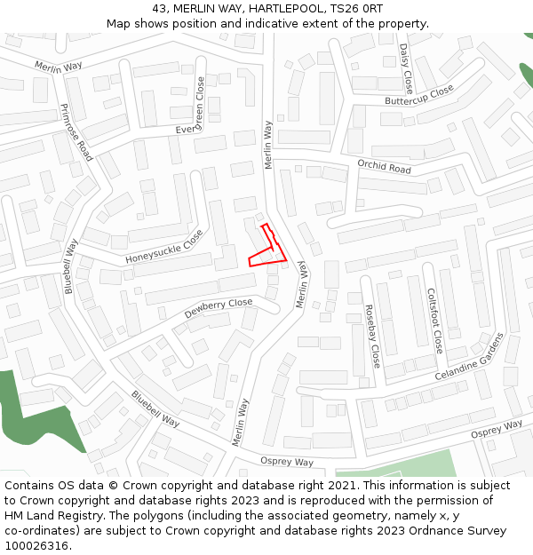 43, MERLIN WAY, HARTLEPOOL, TS26 0RT: Location map and indicative extent of plot