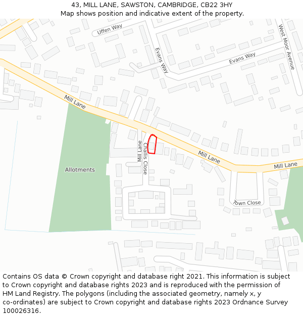 43, MILL LANE, SAWSTON, CAMBRIDGE, CB22 3HY: Location map and indicative extent of plot