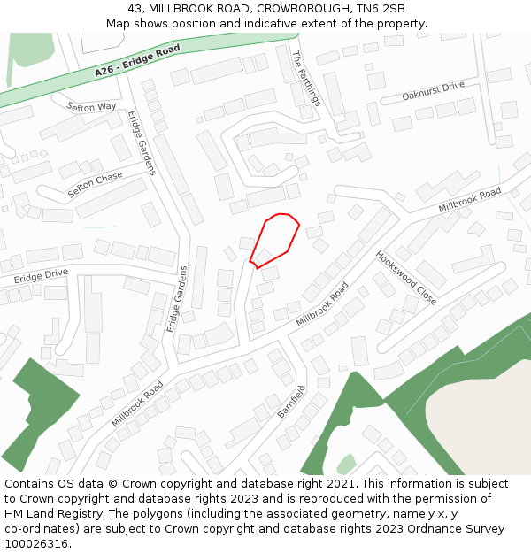 43, MILLBROOK ROAD, CROWBOROUGH, TN6 2SB: Location map and indicative extent of plot