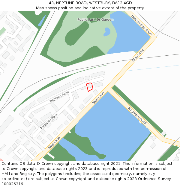 43, NEPTUNE ROAD, WESTBURY, BA13 4GD: Location map and indicative extent of plot