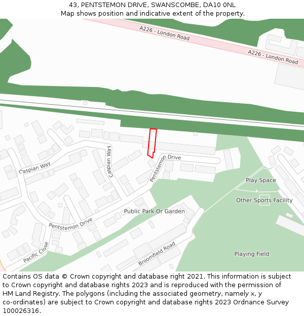 43, PENTSTEMON DRIVE, SWANSCOMBE, DA10 0NL: Location map and indicative extent of plot