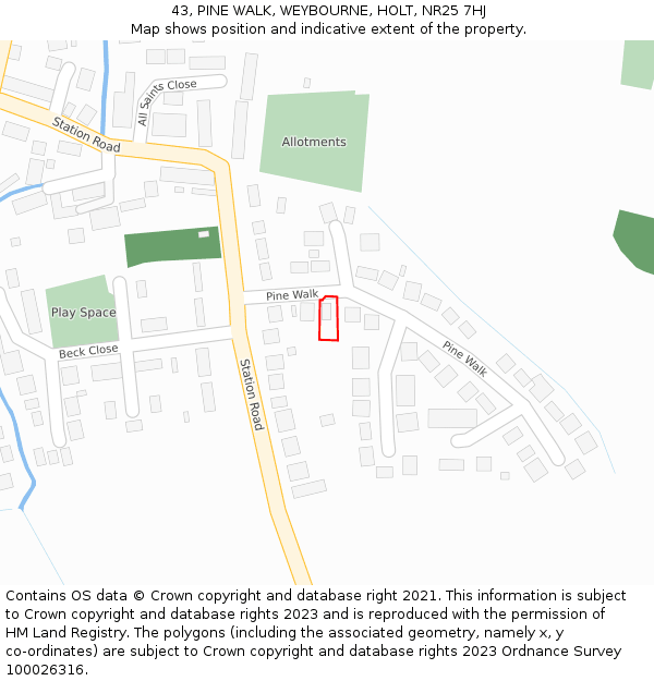 43, PINE WALK, WEYBOURNE, HOLT, NR25 7HJ: Location map and indicative extent of plot