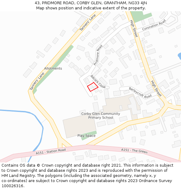 43, PRIDMORE ROAD, CORBY GLEN, GRANTHAM, NG33 4JN: Location map and indicative extent of plot