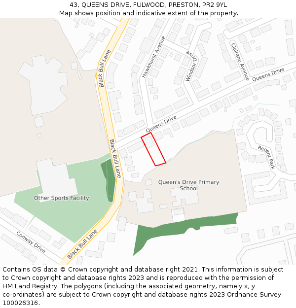 43, QUEENS DRIVE, FULWOOD, PRESTON, PR2 9YL: Location map and indicative extent of plot