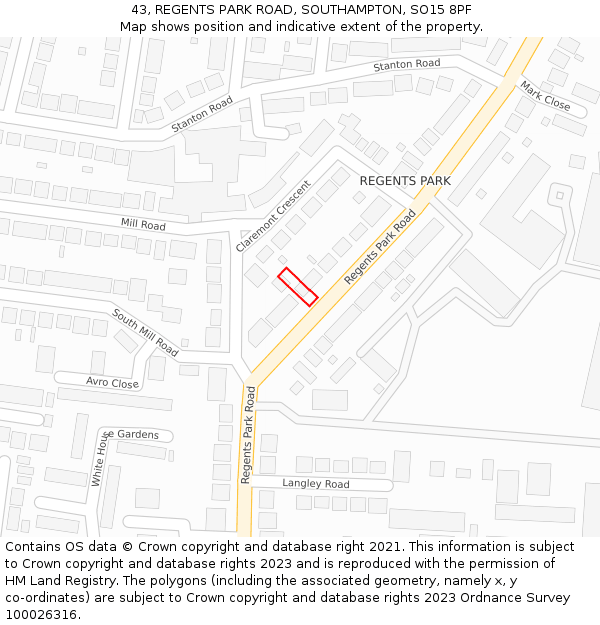 43, REGENTS PARK ROAD, SOUTHAMPTON, SO15 8PF: Location map and indicative extent of plot