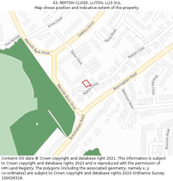 43, REPTON CLOSE, LUTON, LU3 3UL: Location map and indicative extent of plot