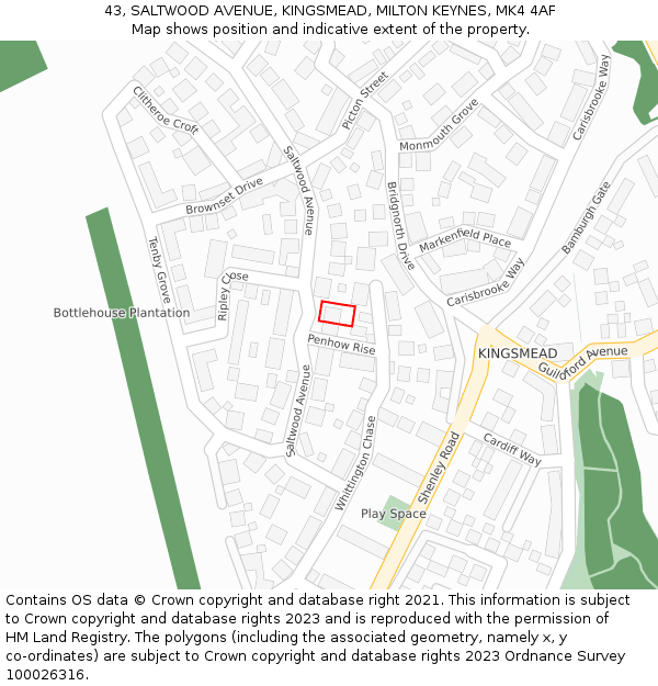 43, SALTWOOD AVENUE, KINGSMEAD, MILTON KEYNES, MK4 4AF: Location map and indicative extent of plot