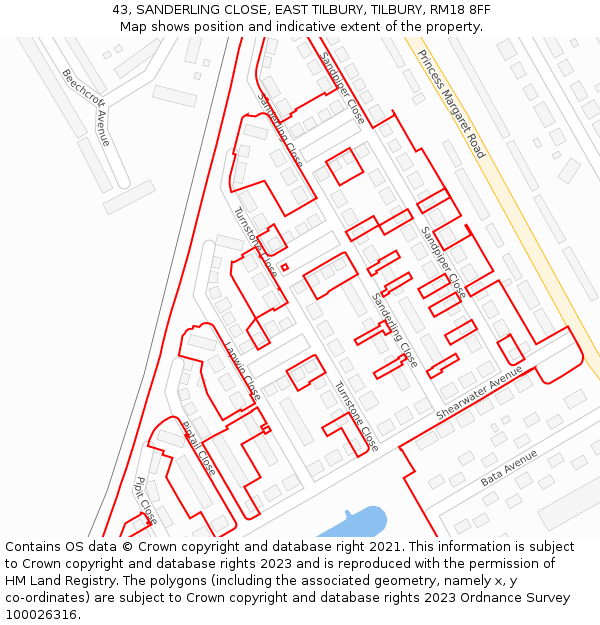 43, SANDERLING CLOSE, EAST TILBURY, TILBURY, RM18 8FF: Location map and indicative extent of plot