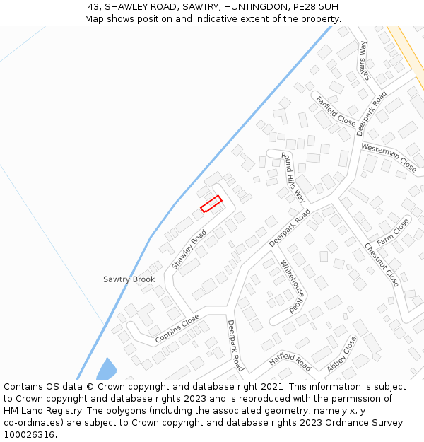 43, SHAWLEY ROAD, SAWTRY, HUNTINGDON, PE28 5UH: Location map and indicative extent of plot