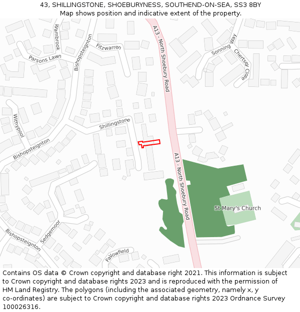 43, SHILLINGSTONE, SHOEBURYNESS, SOUTHEND-ON-SEA, SS3 8BY: Location map and indicative extent of plot