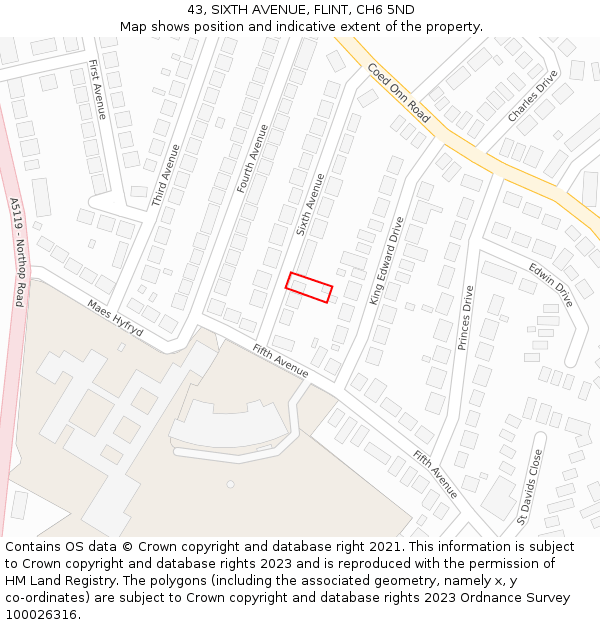 43, SIXTH AVENUE, FLINT, CH6 5ND: Location map and indicative extent of plot