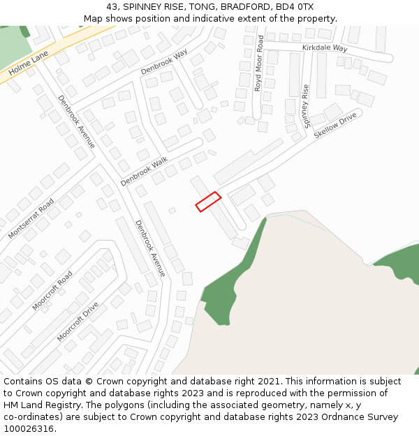 43, SPINNEY RISE, TONG, BRADFORD, BD4 0TX: Location map and indicative extent of plot