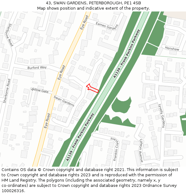 43, SWAN GARDENS, PETERBOROUGH, PE1 4SB: Location map and indicative extent of plot