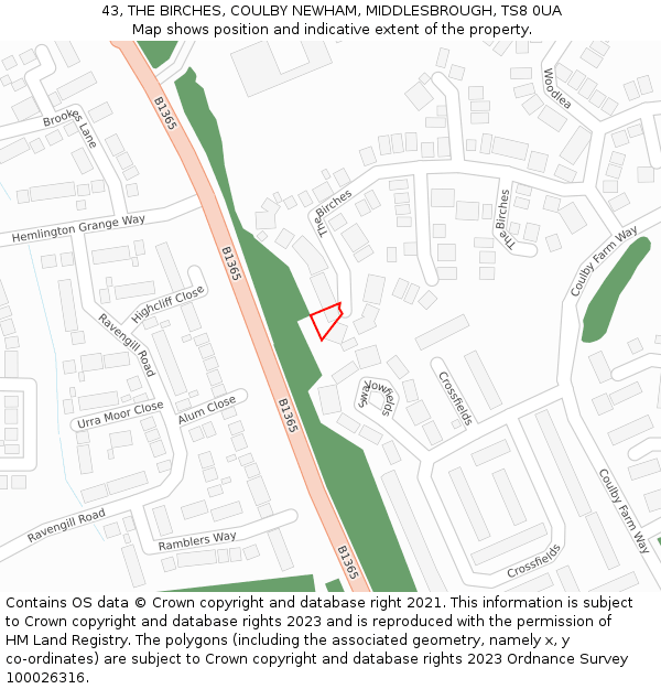 43, THE BIRCHES, COULBY NEWHAM, MIDDLESBROUGH, TS8 0UA: Location map and indicative extent of plot