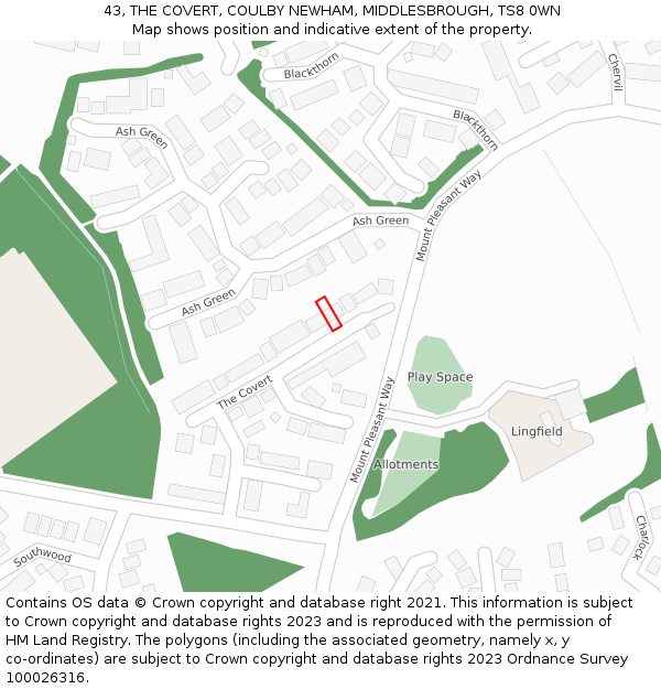 43, THE COVERT, COULBY NEWHAM, MIDDLESBROUGH, TS8 0WN: Location map and indicative extent of plot