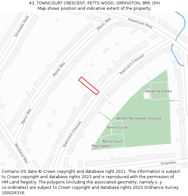 43, TOWNCOURT CRESCENT, PETTS WOOD, ORPINGTON, BR5 1PH: Location map and indicative extent of plot