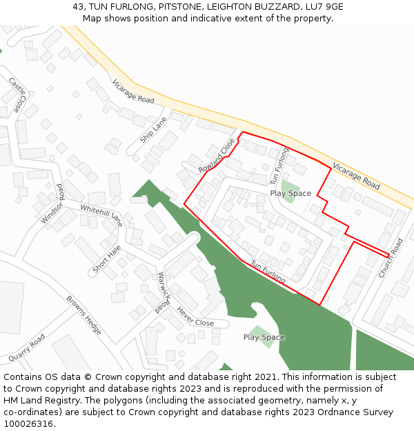 43, TUN FURLONG, PITSTONE, LEIGHTON BUZZARD, LU7 9GE: Location map and indicative extent of plot