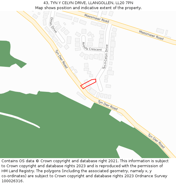 43, TYN Y CELYN DRIVE, LLANGOLLEN, LL20 7PN: Location map and indicative extent of plot