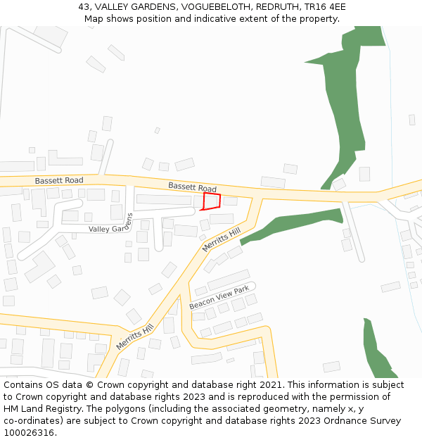 43, VALLEY GARDENS, VOGUEBELOTH, REDRUTH, TR16 4EE: Location map and indicative extent of plot