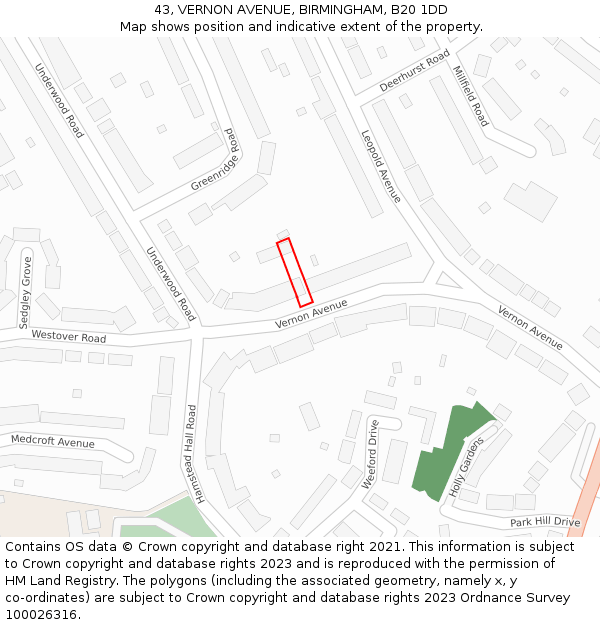 43, VERNON AVENUE, BIRMINGHAM, B20 1DD: Location map and indicative extent of plot