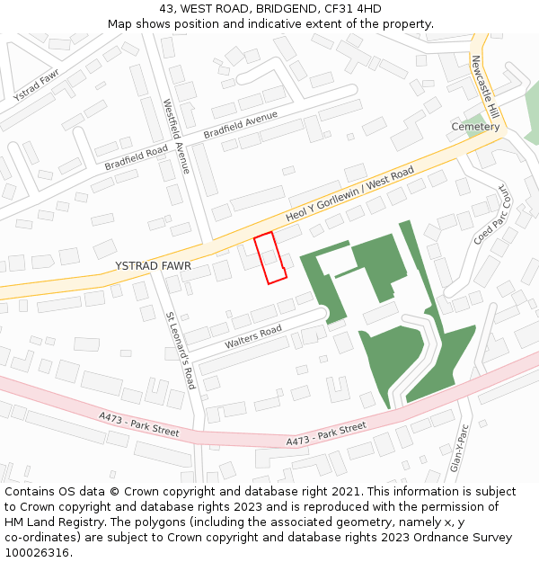 43, WEST ROAD, BRIDGEND, CF31 4HD: Location map and indicative extent of plot