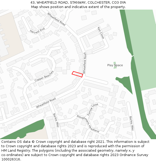 43, WHEATFIELD ROAD, STANWAY, COLCHESTER, CO3 0YA: Location map and indicative extent of plot