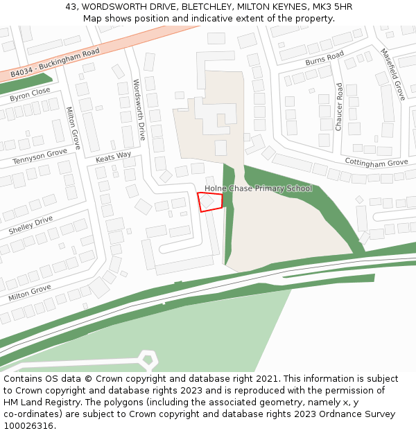 43, WORDSWORTH DRIVE, BLETCHLEY, MILTON KEYNES, MK3 5HR: Location map and indicative extent of plot