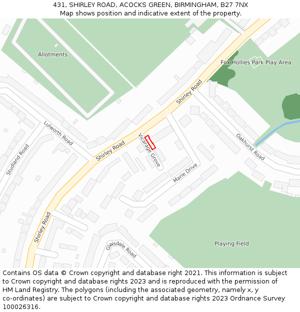 431, SHIRLEY ROAD, ACOCKS GREEN, BIRMINGHAM, B27 7NX: Location map and indicative extent of plot