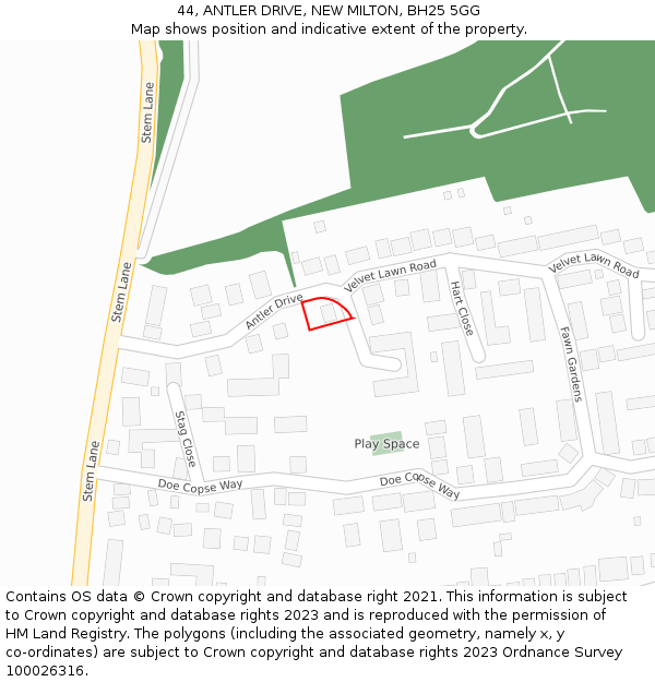 44, ANTLER DRIVE, NEW MILTON, BH25 5GG: Location map and indicative extent of plot