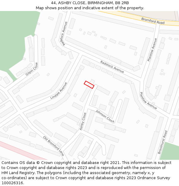 44, ASHBY CLOSE, BIRMINGHAM, B8 2RB: Location map and indicative extent of plot