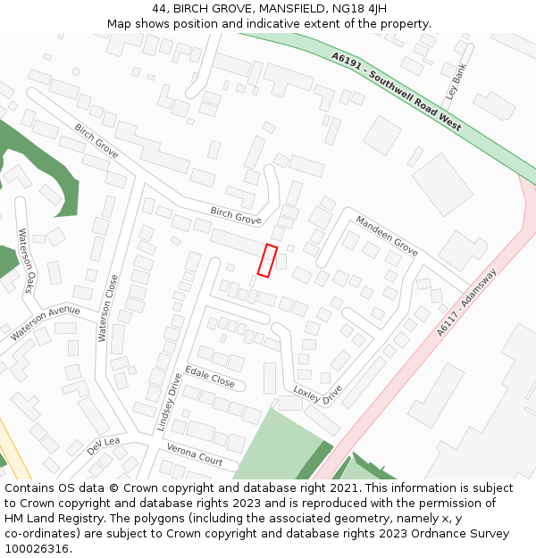 44, BIRCH GROVE, MANSFIELD, NG18 4JH: Location map and indicative extent of plot