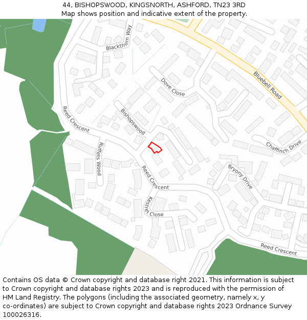 44, BISHOPSWOOD, KINGSNORTH, ASHFORD, TN23 3RD: Location map and indicative extent of plot