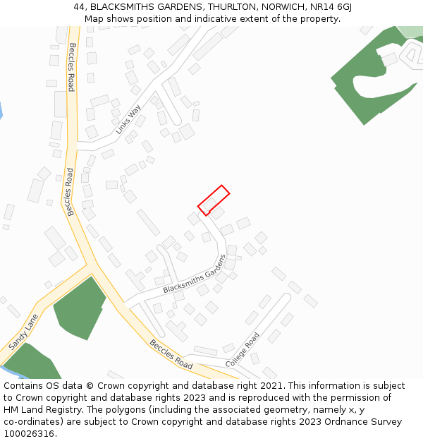 44, BLACKSMITHS GARDENS, THURLTON, NORWICH, NR14 6GJ: Location map and indicative extent of plot