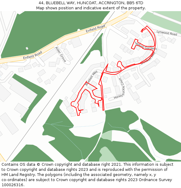 44, BLUEBELL WAY, HUNCOAT, ACCRINGTON, BB5 6TD: Location map and indicative extent of plot