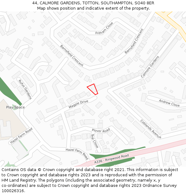 44, CALMORE GARDENS, TOTTON, SOUTHAMPTON, SO40 8ER: Location map and indicative extent of plot