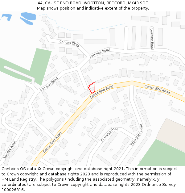 44, CAUSE END ROAD, WOOTTON, BEDFORD, MK43 9DE: Location map and indicative extent of plot