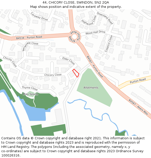 44, CHICORY CLOSE, SWINDON, SN2 2QA: Location map and indicative extent of plot