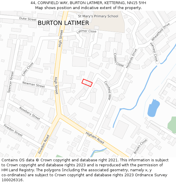 44, CORNFIELD WAY, BURTON LATIMER, KETTERING, NN15 5YH: Location map and indicative extent of plot