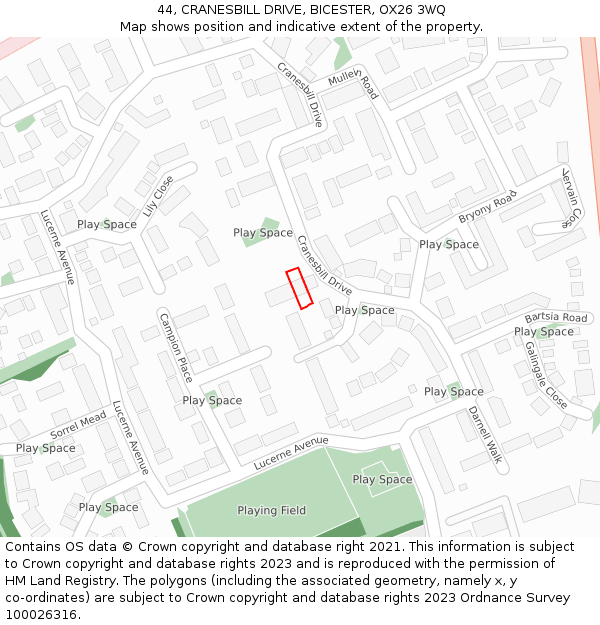 44, CRANESBILL DRIVE, BICESTER, OX26 3WQ: Location map and indicative extent of plot