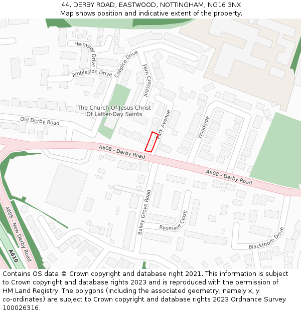 44, DERBY ROAD, EASTWOOD, NOTTINGHAM, NG16 3NX: Location map and indicative extent of plot