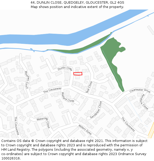 44, DUNLIN CLOSE, QUEDGELEY, GLOUCESTER, GL2 4GS: Location map and indicative extent of plot