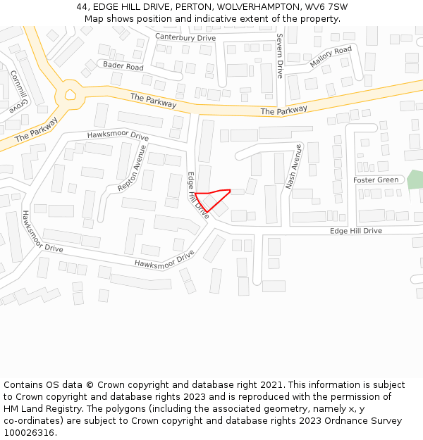 44, EDGE HILL DRIVE, PERTON, WOLVERHAMPTON, WV6 7SW: Location map and indicative extent of plot