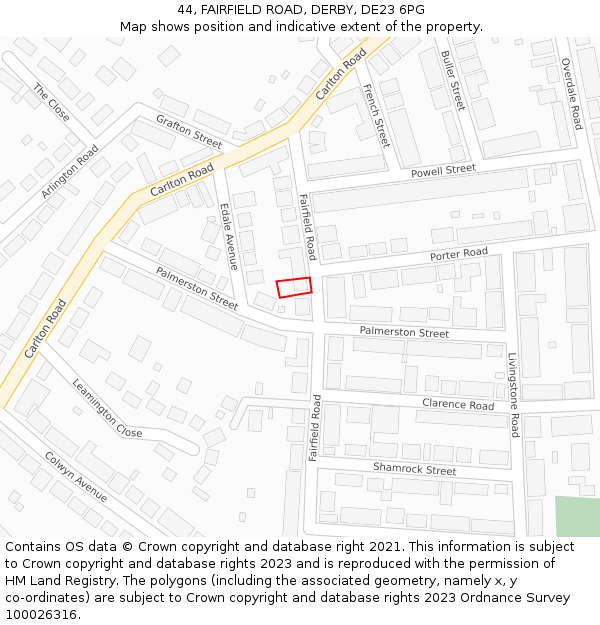 44, FAIRFIELD ROAD, DERBY, DE23 6PG: Location map and indicative extent of plot