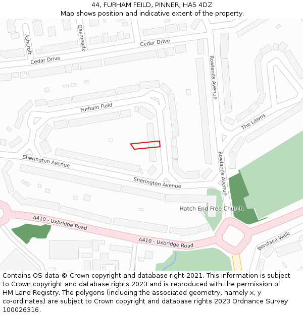 44, FURHAM FEILD, PINNER, HA5 4DZ: Location map and indicative extent of plot