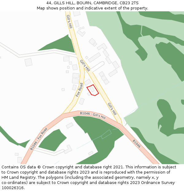 44, GILLS HILL, BOURN, CAMBRIDGE, CB23 2TS: Location map and indicative extent of plot